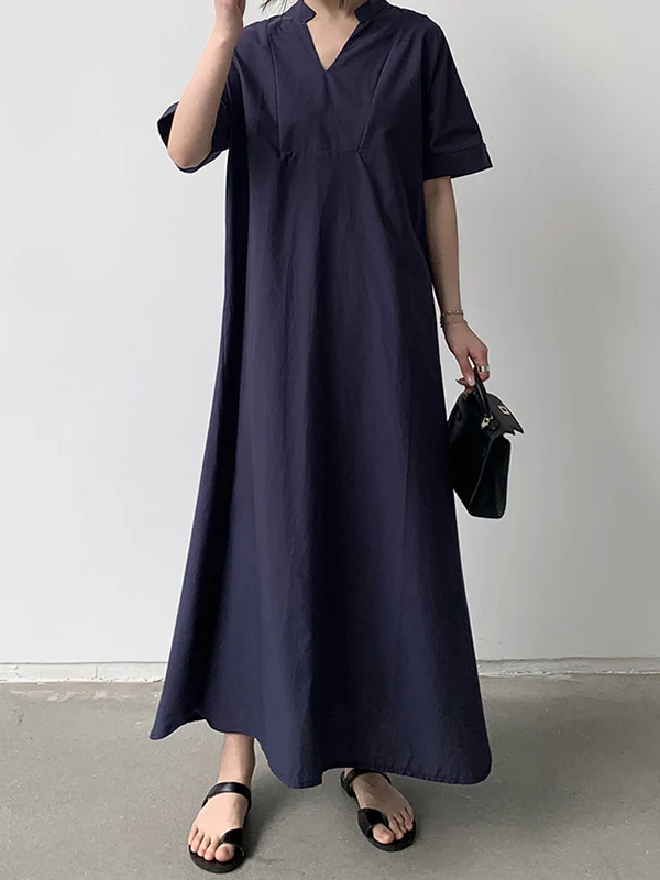Loose Short Sleeves Solid Color V-Neck Maxi Dresses - Image 6