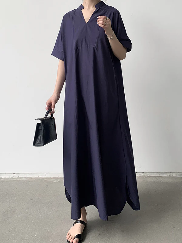 Loose Short Sleeves Solid Color V-Neck Maxi Dresses - Image 7