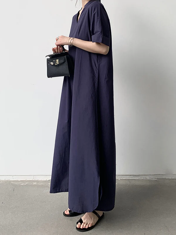 Loose Short Sleeves Solid Color V-Neck Maxi Dresses - Image 8
