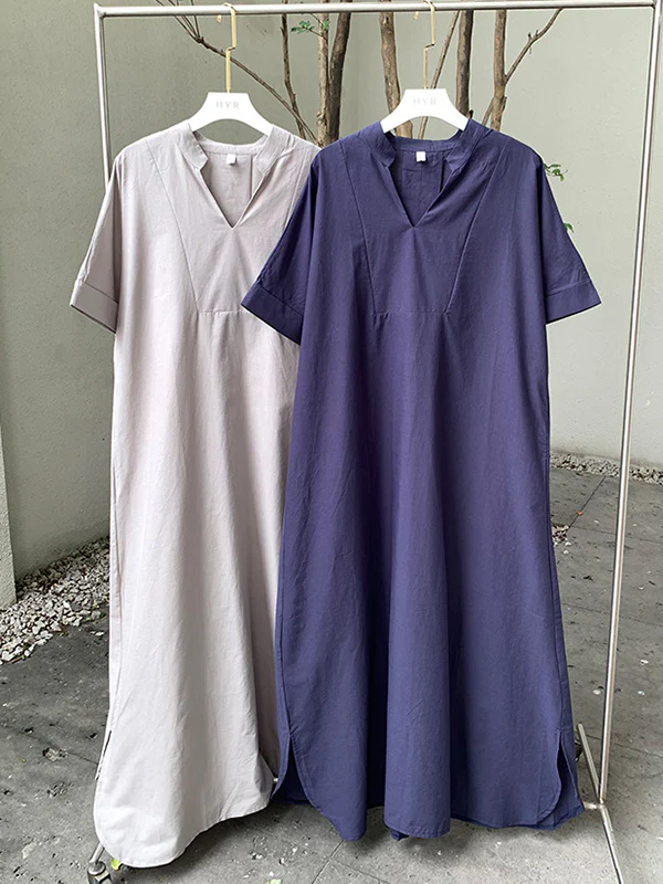 Loose Short Sleeves Solid Color V-Neck Maxi Dresses - Image 9