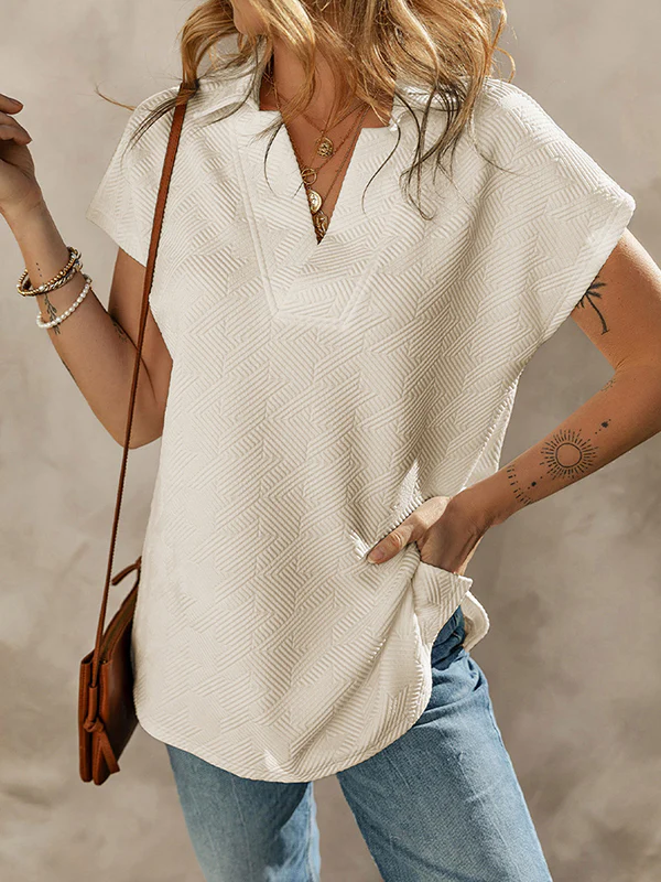 Loose Short Sleeves Solid Color V-Neck T-Shirts Tops - Image 2