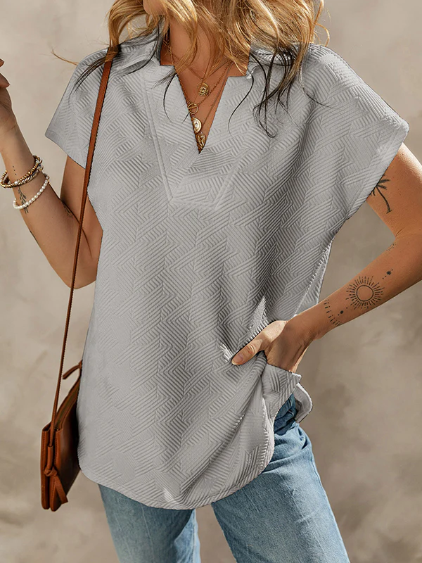 Loose Short Sleeves Solid Color V-Neck T-Shirts Tops - Image 3