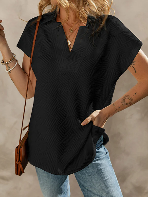 Loose Short Sleeves Solid Color V-Neck T-Shirts Tops - Image 4