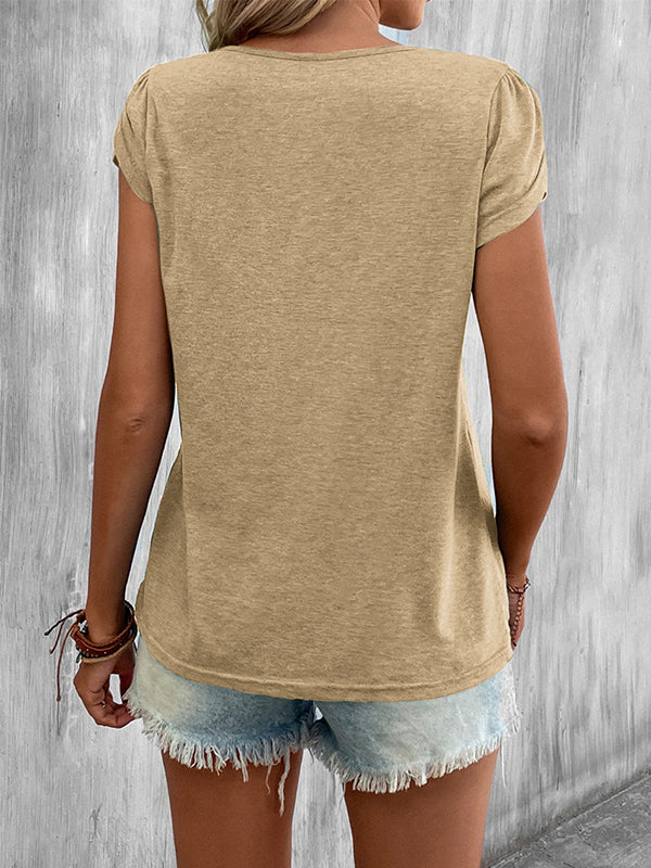 Loose Short Sleeves Solid Color V-Neck T-Shirts Tops - Image 10