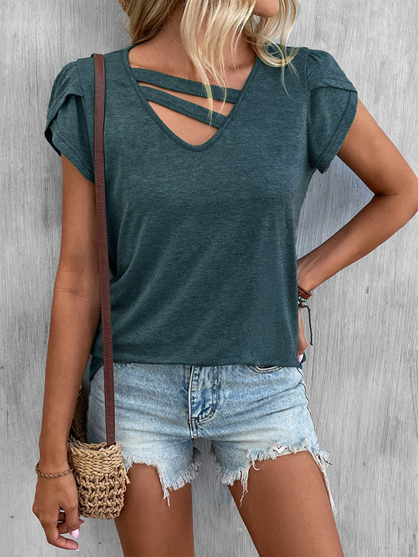 Loose Short Sleeves Solid Color V-Neck T-Shirts Tops - Image 11