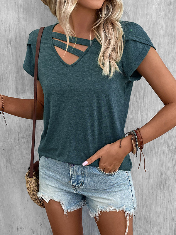 Loose Short Sleeves Solid Color V-Neck T-Shirts Tops - Image 14