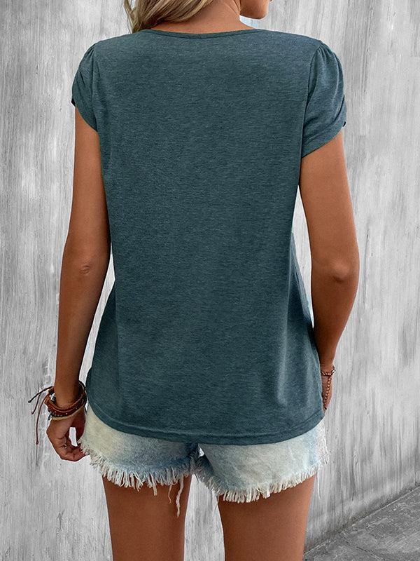 Loose Short Sleeves Solid Color V-Neck T-Shirts Tops - Image 15
