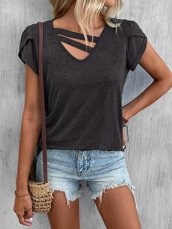 Loose Short Sleeves Solid Color V-Neck T-Shirts Tops - Image 18