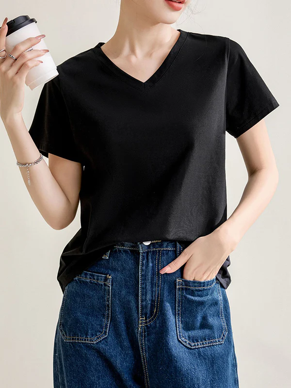 Loose Short Sleeves Solid Color V-Neck T-Shirts Tops - Image 10