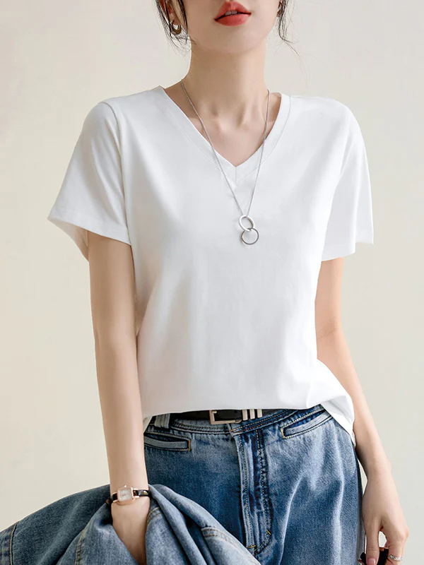 Loose Short Sleeves Solid Color V-Neck T-Shirts Tops - Image 11