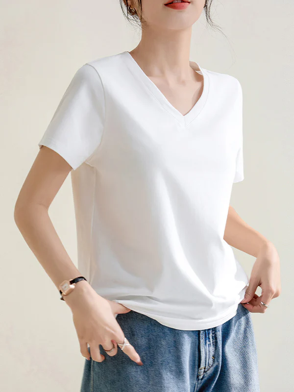 Loose Short Sleeves Solid Color V-Neck T-Shirts Tops - Image 12