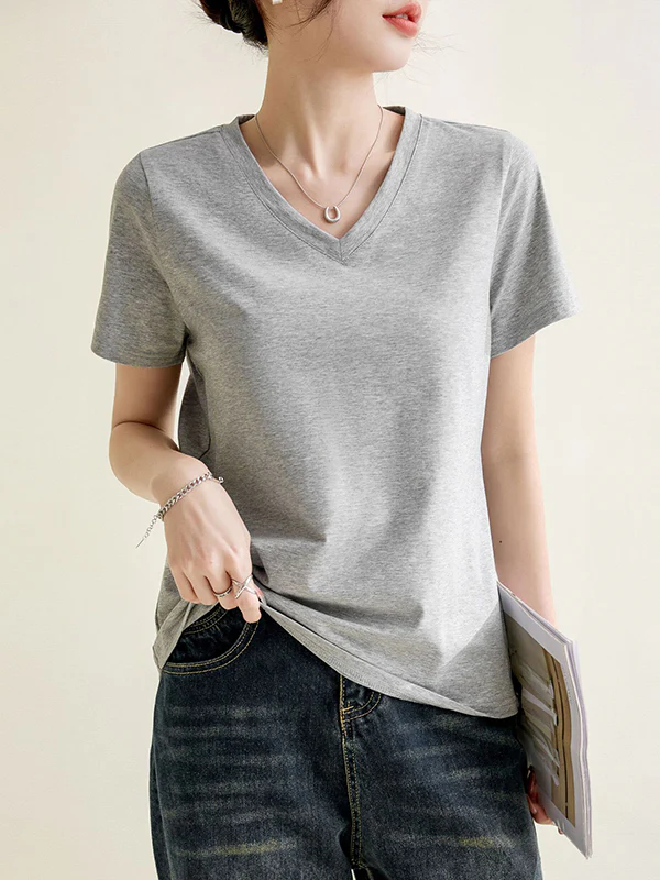 Loose Short Sleeves Solid Color V-Neck T-Shirts Tops - Image 13