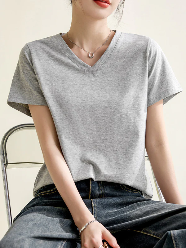 Loose Short Sleeves Solid Color V-Neck T-Shirts Tops - Image 14