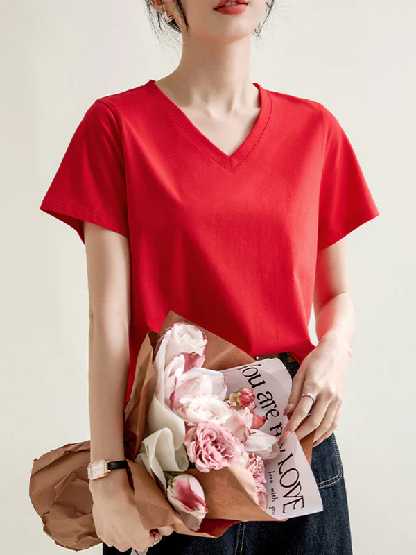 Loose Short Sleeves Solid Color V-Neck T-Shirts Tops - Image 15