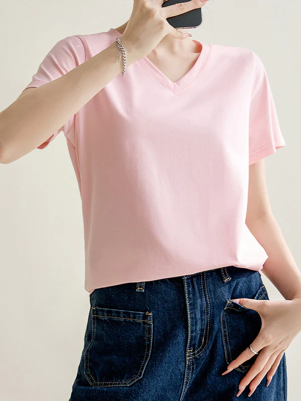 Loose Short Sleeves Solid Color V-Neck T-Shirts Tops - Image 16