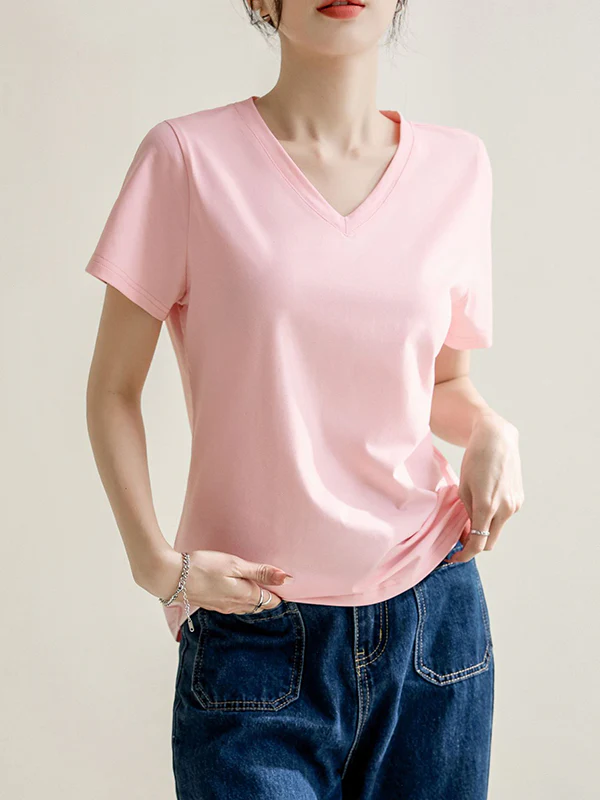Loose Short Sleeves Solid Color V-Neck T-Shirts Tops - Image 17