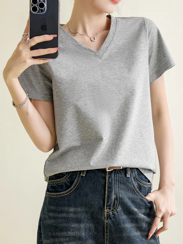 Loose Short Sleeves Solid Color V-Neck T-Shirts Tops - Image 2