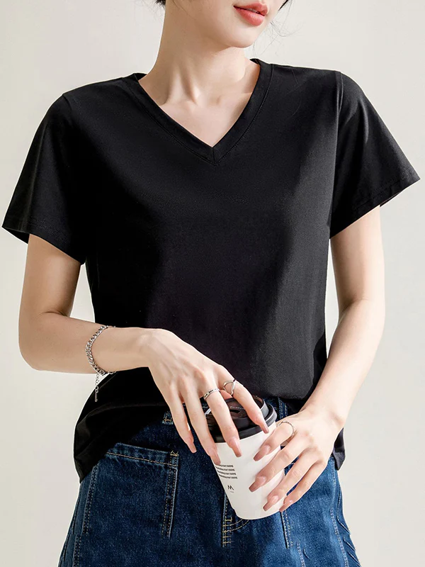 Loose Short Sleeves Solid Color V-Neck T-Shirts Tops - Image 3