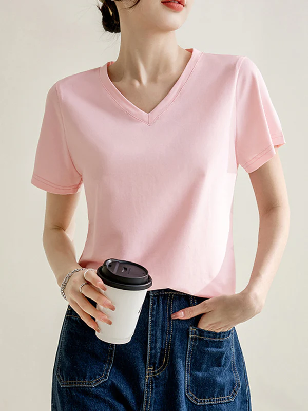Loose Short Sleeves Solid Color V-Neck T-Shirts Tops - Image 4
