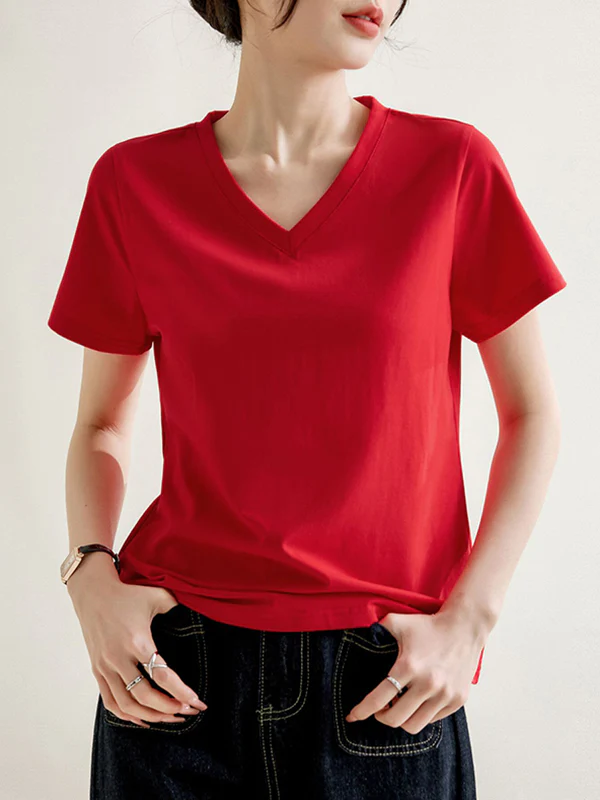 Loose Short Sleeves Solid Color V-Neck T-Shirts Tops - Image 5