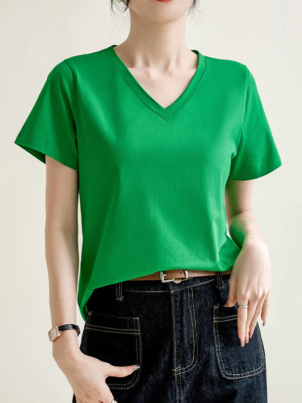 Loose Short Sleeves Solid Color V-Neck T-Shirts Tops - Image 6