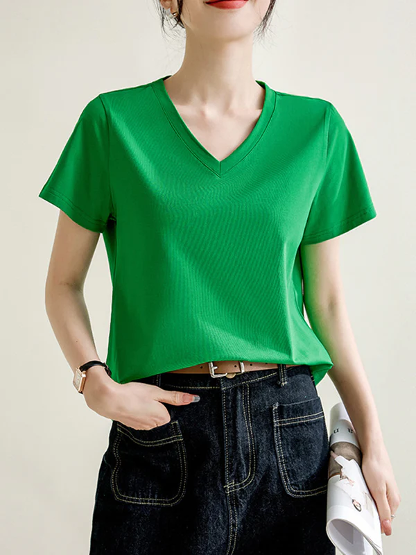 Loose Short Sleeves Solid Color V-Neck T-Shirts Tops - Image 7
