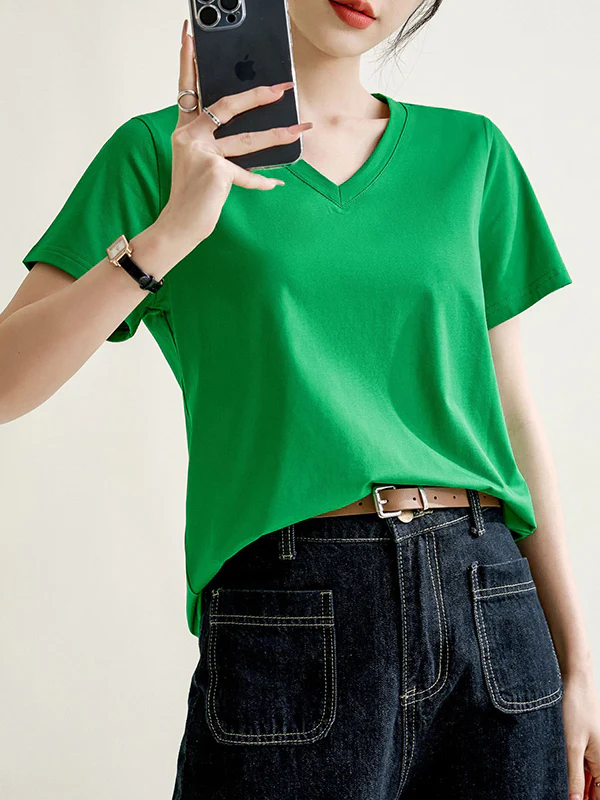 Loose Short Sleeves Solid Color V-Neck T-Shirts Tops - Image 8