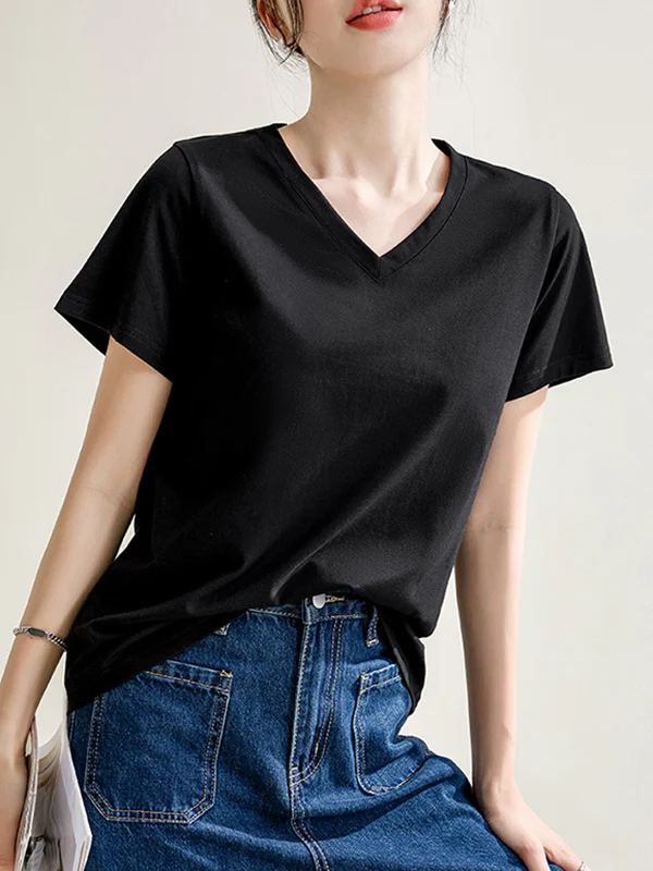 Loose Short Sleeves Solid Color V-Neck T-Shirts Tops - Image 9