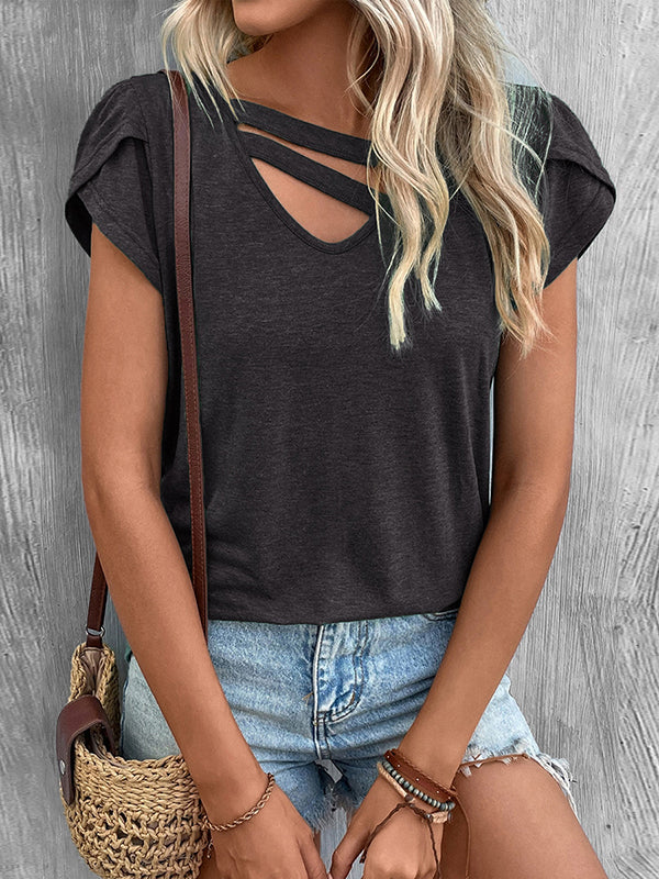 Loose Short Sleeves Solid Color V-Neck T-Shirts Tops - Image 2