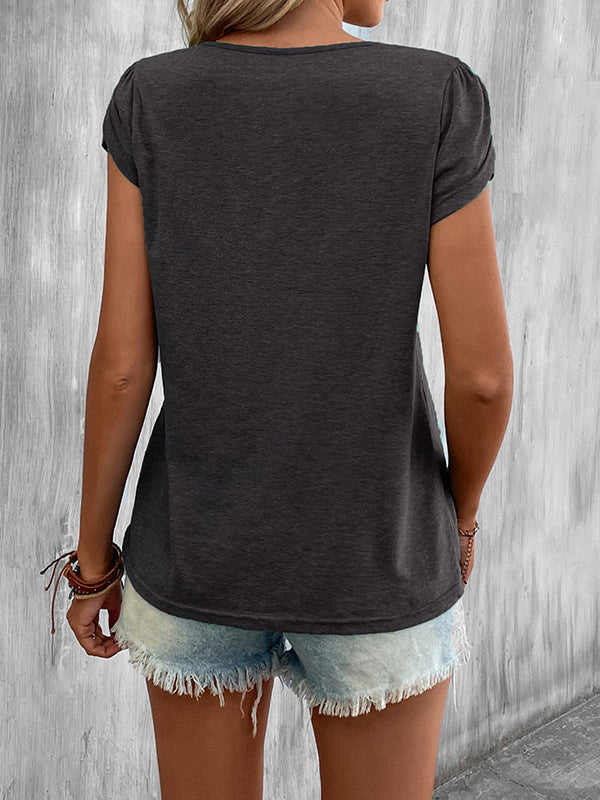 Loose Short Sleeves Solid Color V-Neck T-Shirts Tops - Image 20