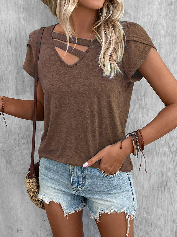 Loose Short Sleeves Solid Color V-Neck T-Shirts Tops - Image 24