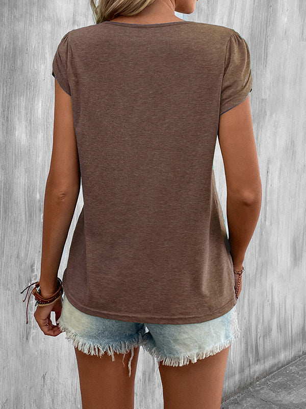 Loose Short Sleeves Solid Color V-Neck T-Shirts Tops - Image 25