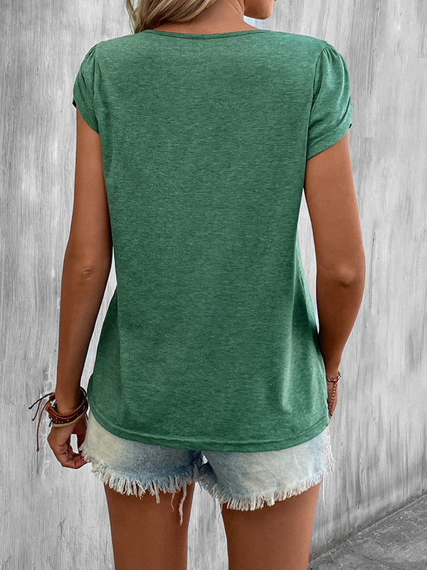 Loose Short Sleeves Solid Color V-Neck T-Shirts Tops - Image 29