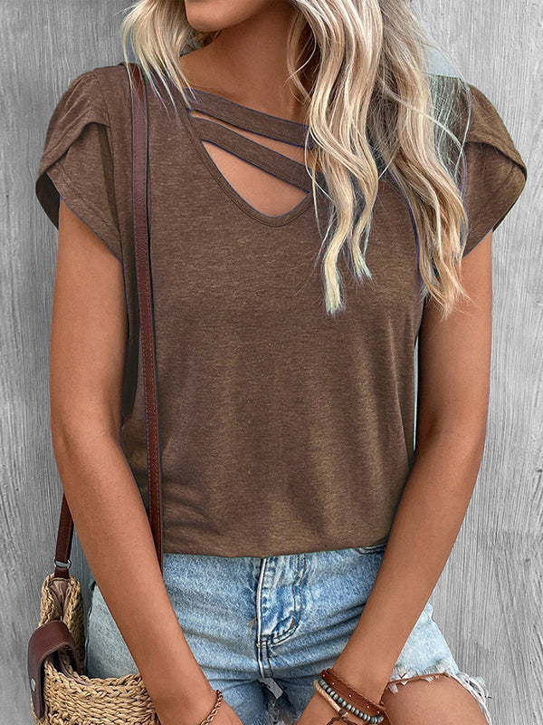 Loose Short Sleeves Solid Color V-Neck T-Shirts Tops - Image 3
