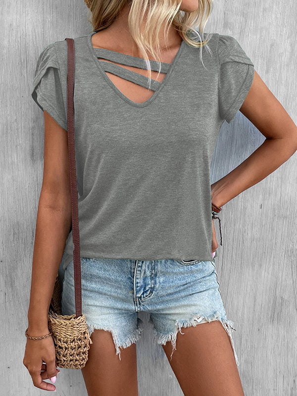 Loose Short Sleeves Solid Color V-Neck T-Shirts Tops - Image 30