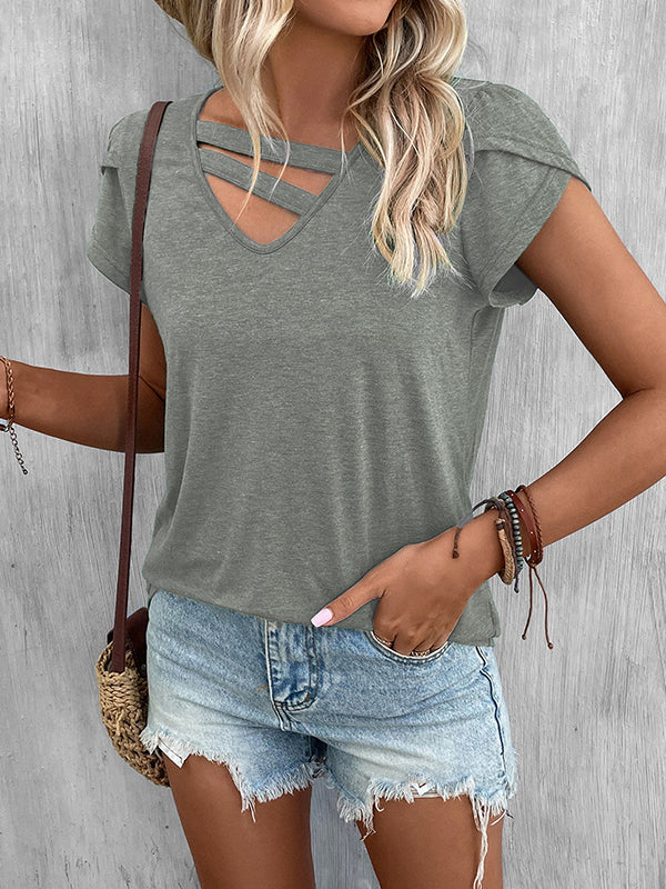 Loose Short Sleeves Solid Color V-Neck T-Shirts Tops - Image 31