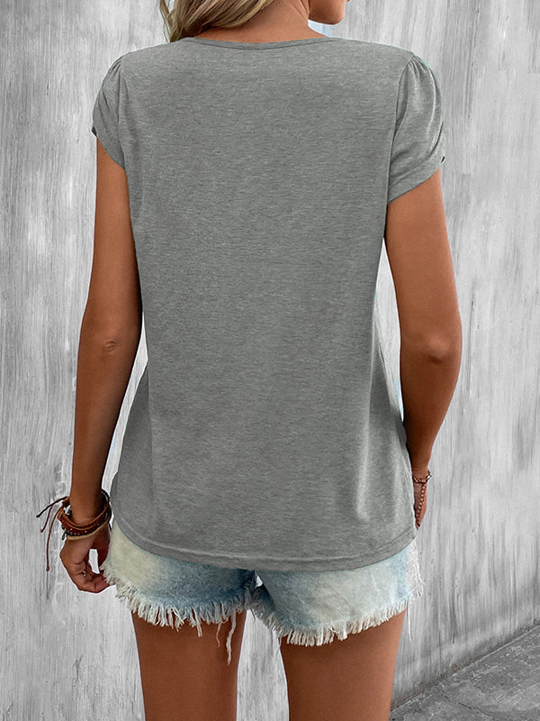 Loose Short Sleeves Solid Color V-Neck T-Shirts Tops - Image 33