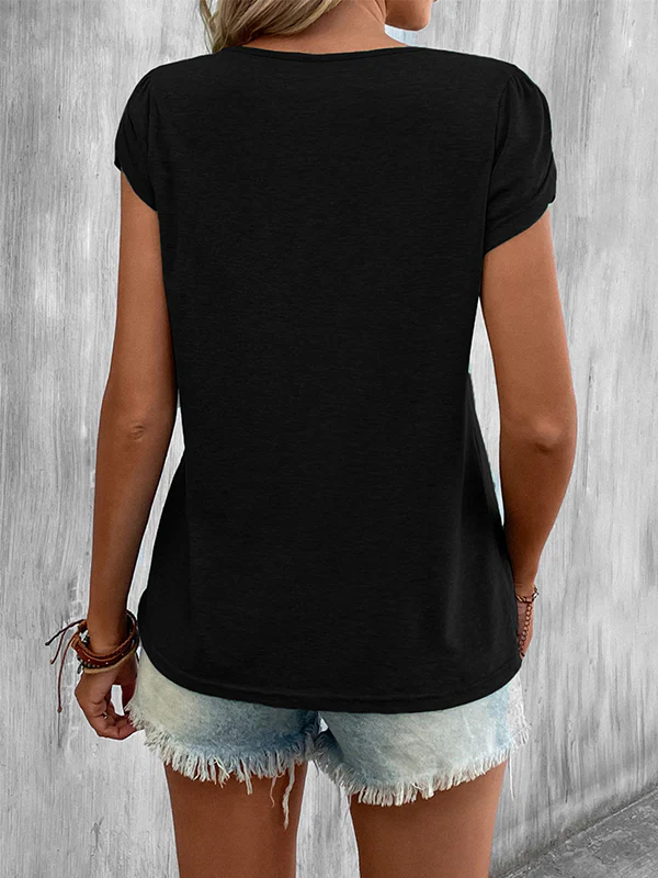 Loose Short Sleeves Solid Color V-Neck T-Shirts Tops - Image 35