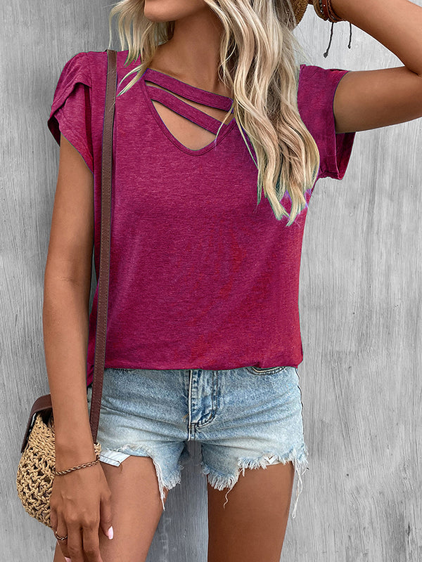 Loose Short Sleeves Solid Color V-Neck T-Shirts Tops - Image 36