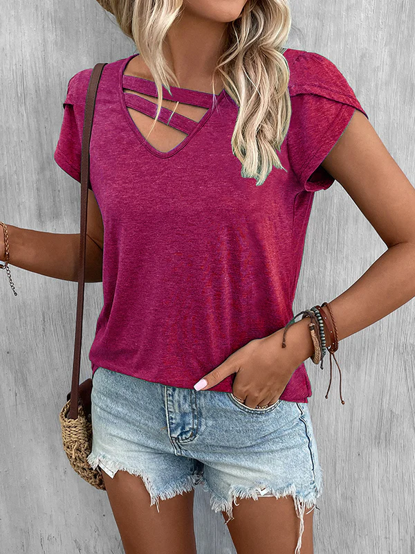 Loose Short Sleeves Solid Color V-Neck T-Shirts Tops - Image 38