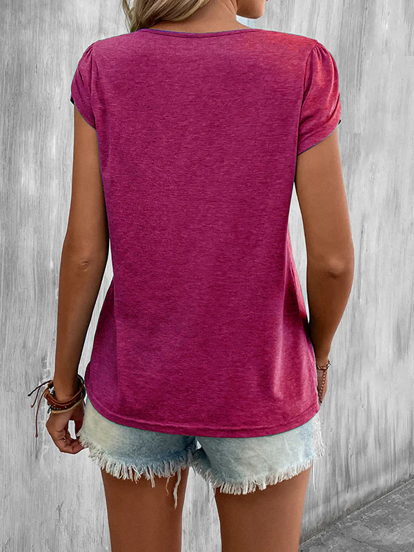Loose Short Sleeves Solid Color V-Neck T-Shirts Tops - Image 39