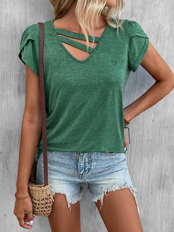 Loose Short Sleeves Solid Color V-Neck T-Shirts Tops - Image 4