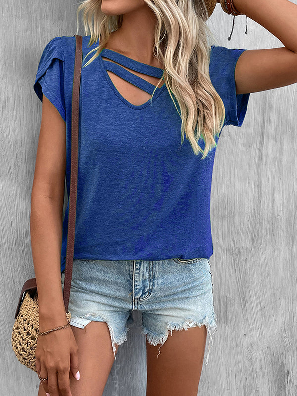 Loose Short Sleeves Solid Color V-Neck T-Shirts Tops - Image 41