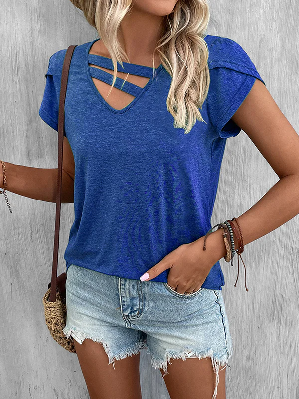 Loose Short Sleeves Solid Color V-Neck T-Shirts Tops - Image 42