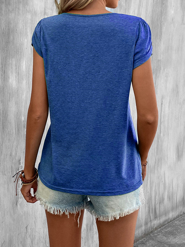 Loose Short Sleeves Solid Color V-Neck T-Shirts Tops - Image 43