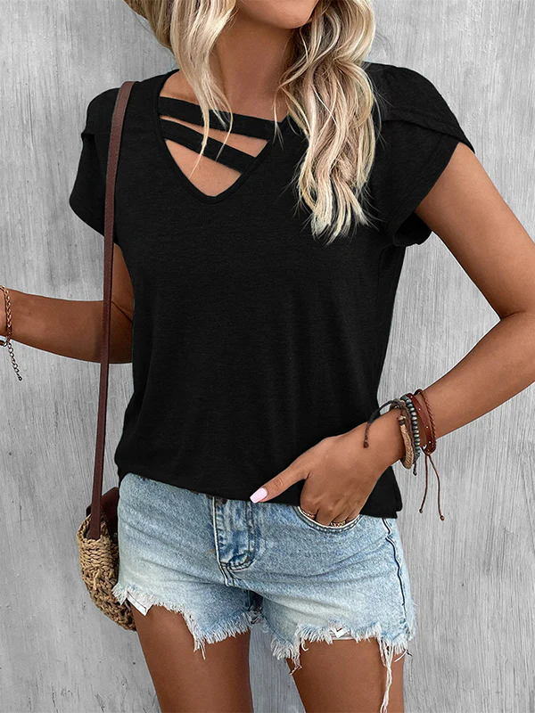 Loose Short Sleeves Solid Color V-Neck T-Shirts Tops - Image 6