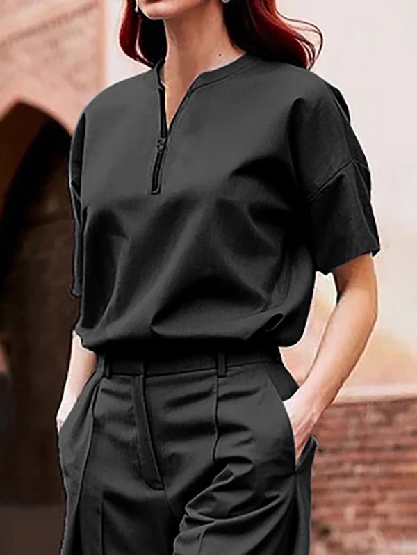 Loose Short Sleeves Solid Color Zipper V-Neck Blouses&Shirts Tops - Image 4