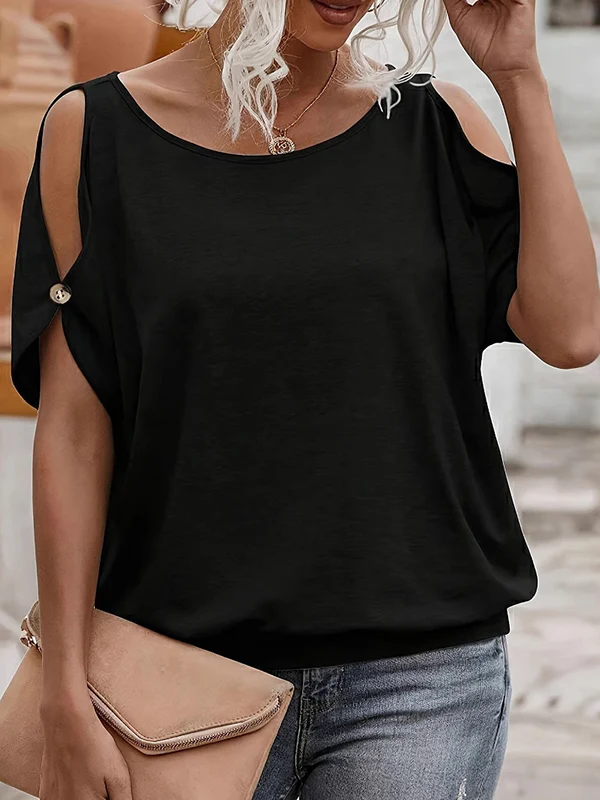 Loose Short Sleeves Split-Joint Cold Shoulder T-Shirts Tops - Image 3