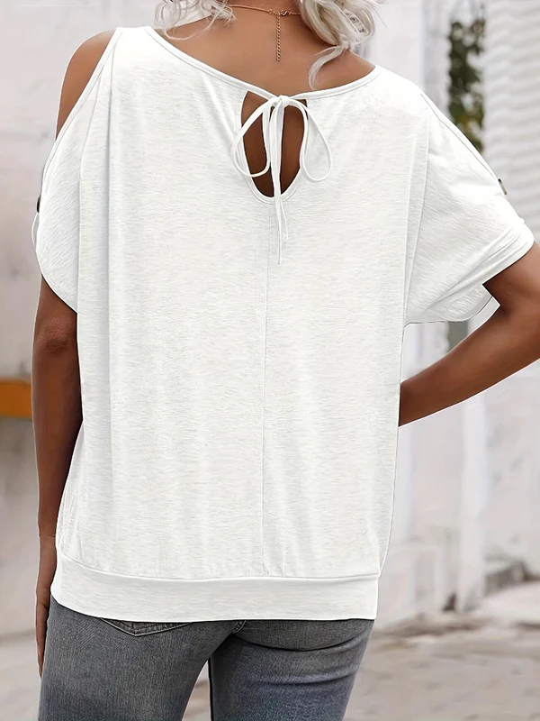 Loose Short Sleeves Split-Joint Cold Shoulder T-Shirts Tops - Image 7