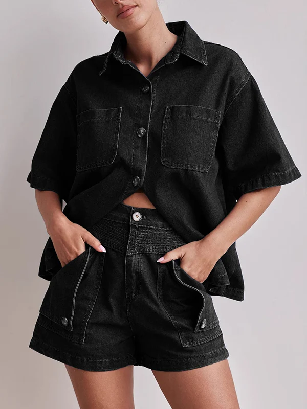 Loose Short Sleeves Split-Joint Lapel Blouses&Shirts Tops - Image 3